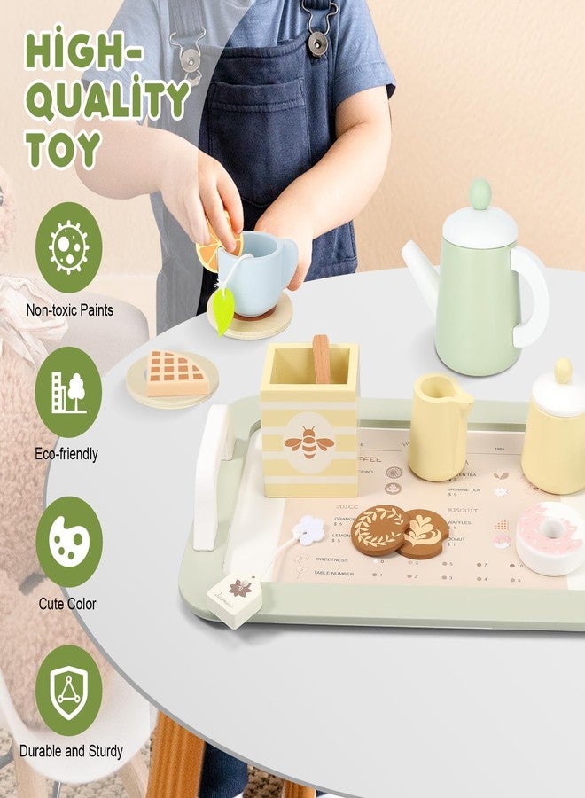 Pithfor Wooden Tea Party Set for Little Girls, Play Tea Set for Kids Toddlers, Pretend Play Kitchen Toy Gift for 1 2 3 4 5 Years Old - Image 5
